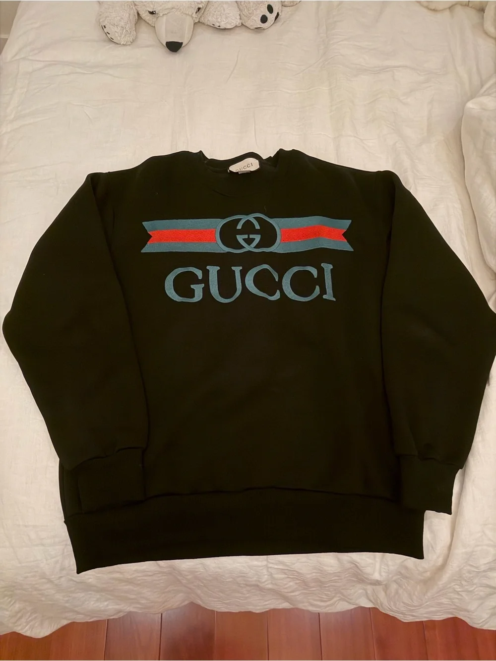 Gucci Black Logo Crewneck Sweater with Red & Teal Stripe